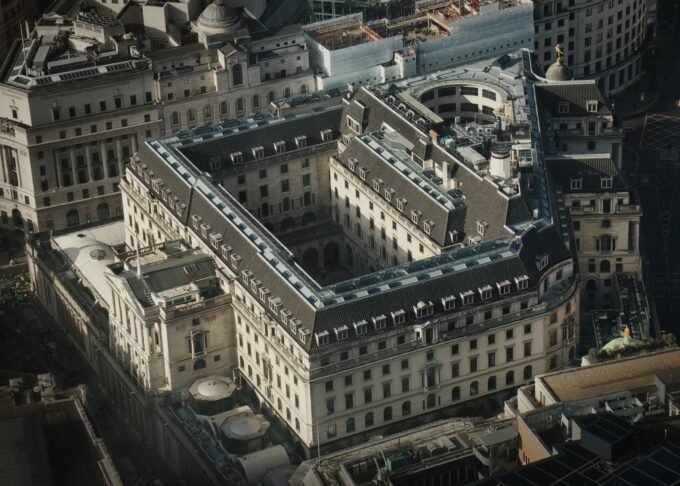Bank of England and modern skyscrapers in London’s financial district